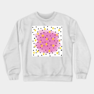 Abstract yellow hearts in blue watercolour brushes and black dots around Crewneck Sweatshirt